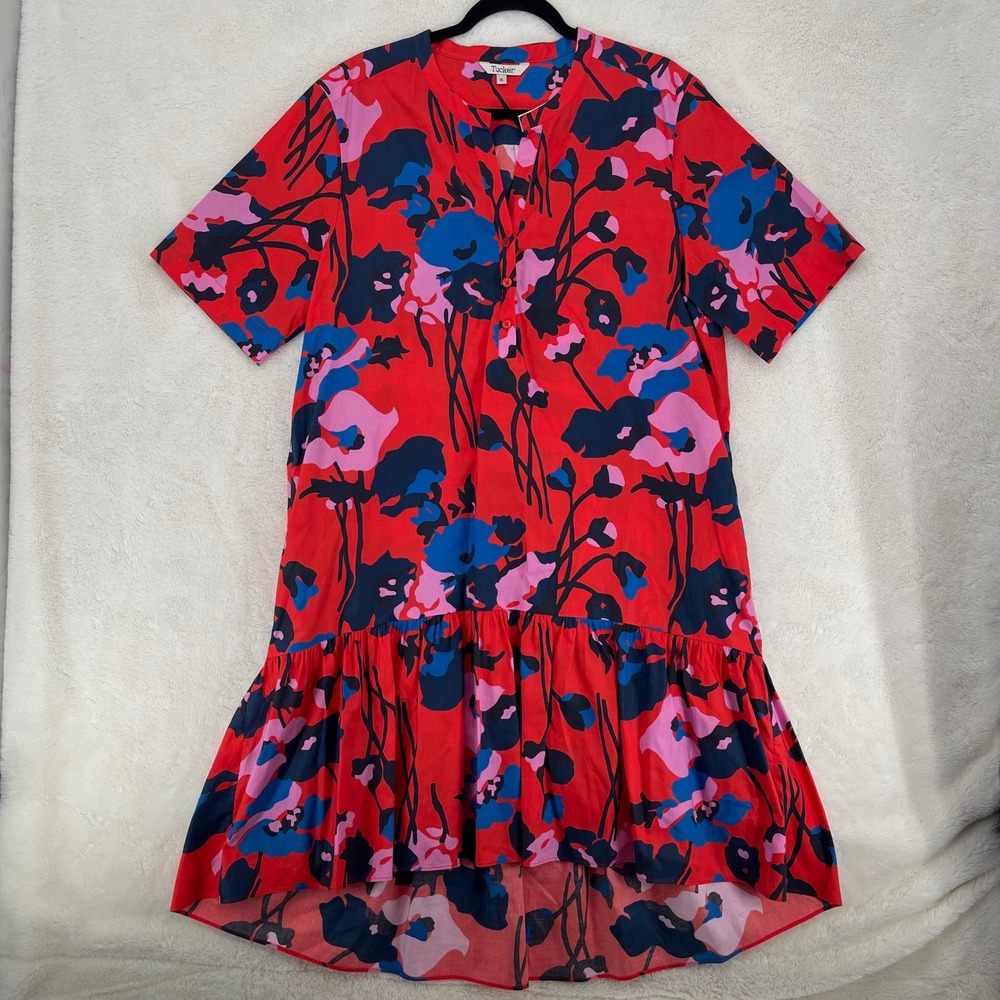 Tucker NYC Red Floral Cotton Shift Dress XL Pockets Ruffle High Low Hem